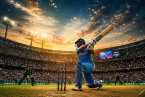 Live cricket match image with Indian batsman playing a big shot in a packed stadium during sunset.